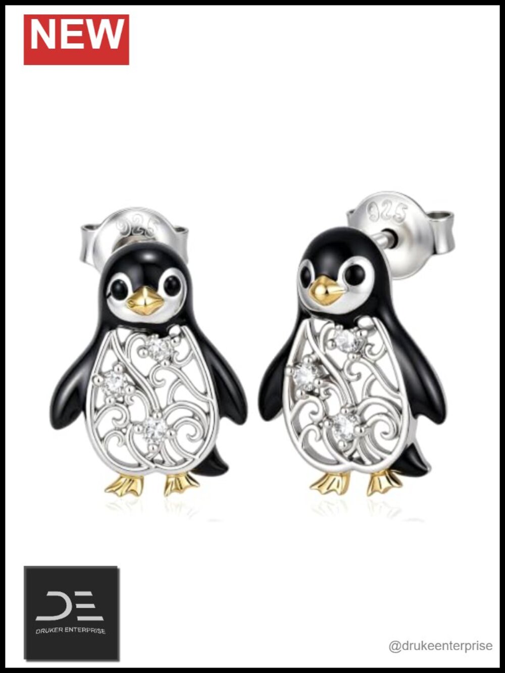 Lab Grown Diamond Penguin Earrings 925 Sterling Silver Drop Dangle Women Jewelry